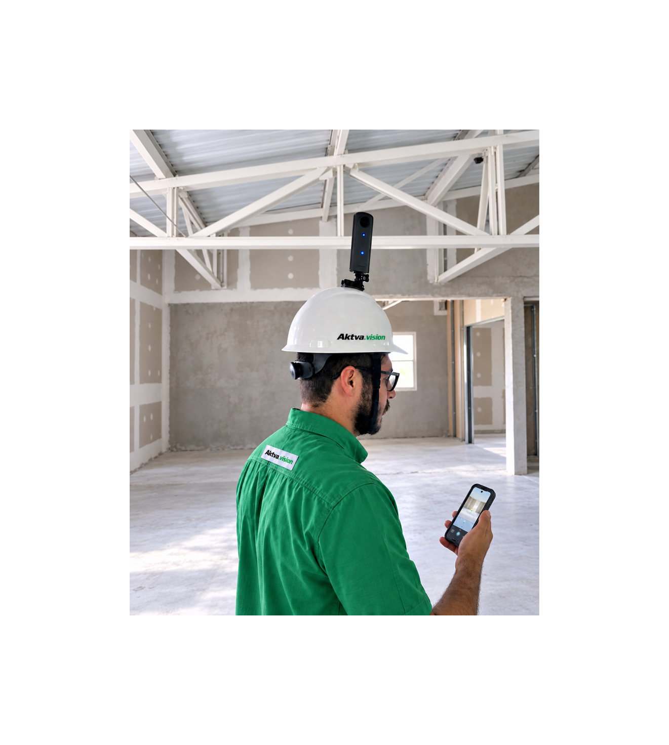 Profissional em canteiro de obras com câmera 360° no capacete e aplicativo móvel
